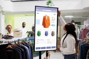 female customer reviewing digital screen