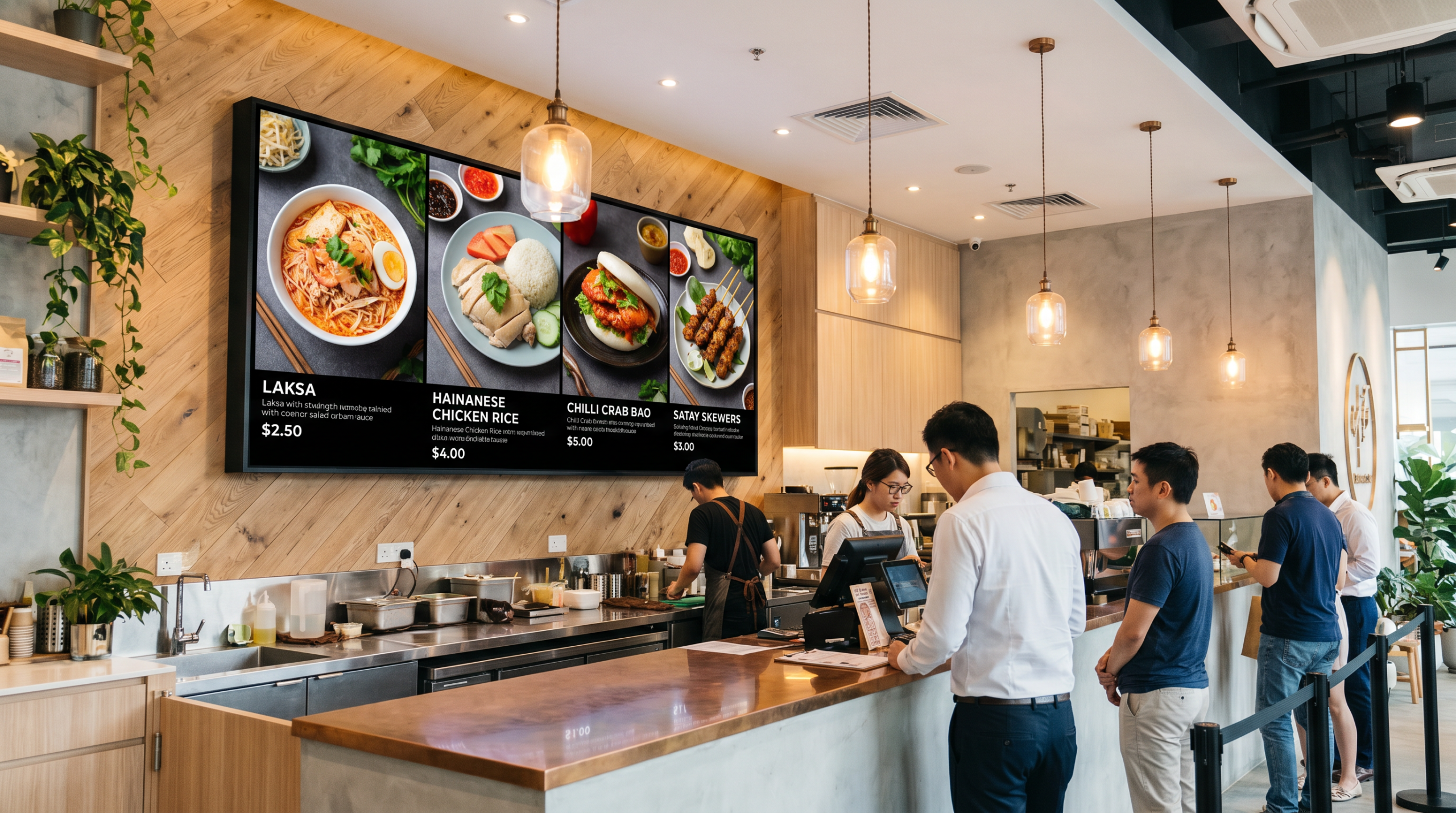 Digital menu board in a Singapore restaurant displaying food items on an LED screen