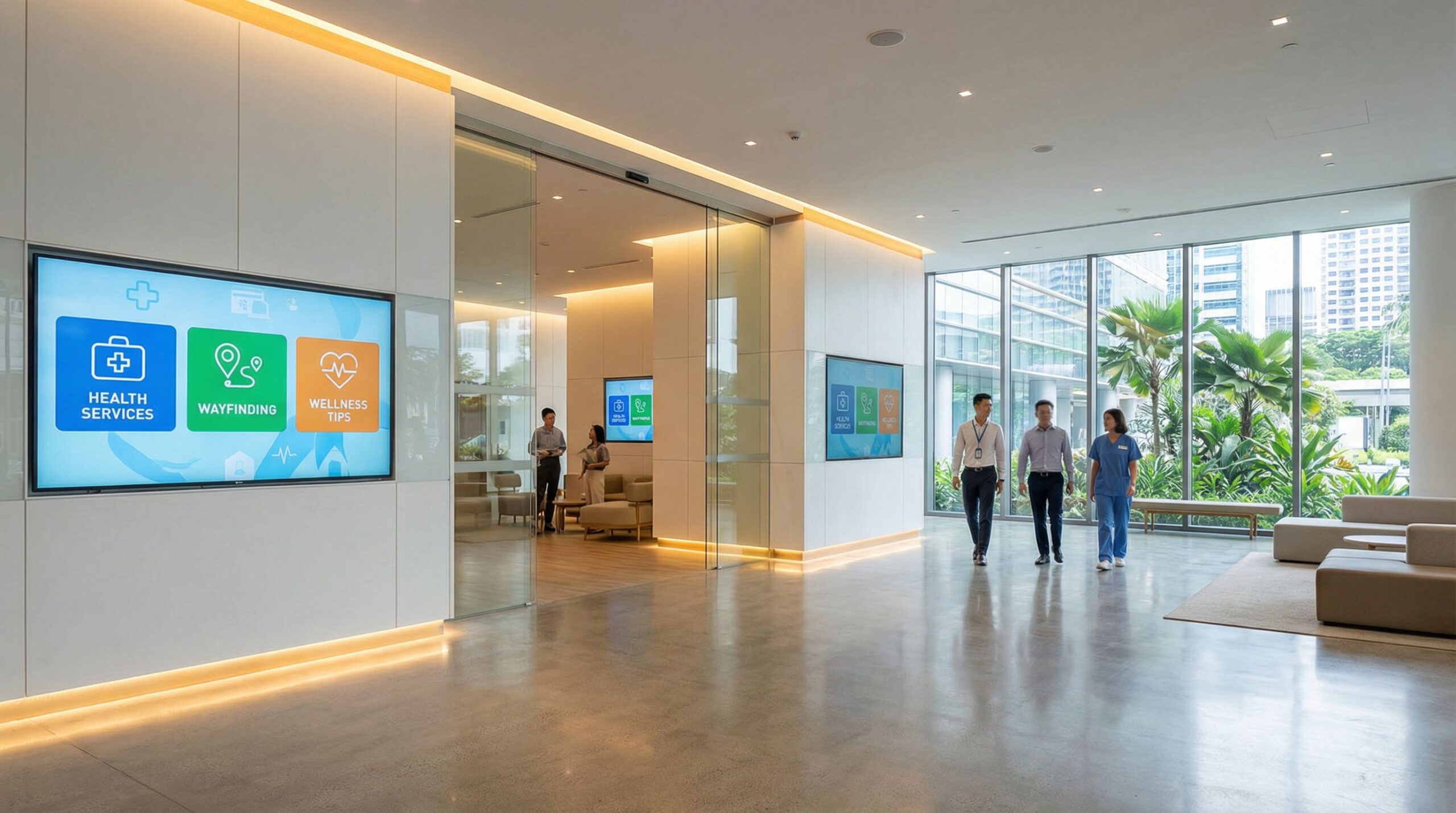 Digital signage displays in a modern healthcare facility in Singapore