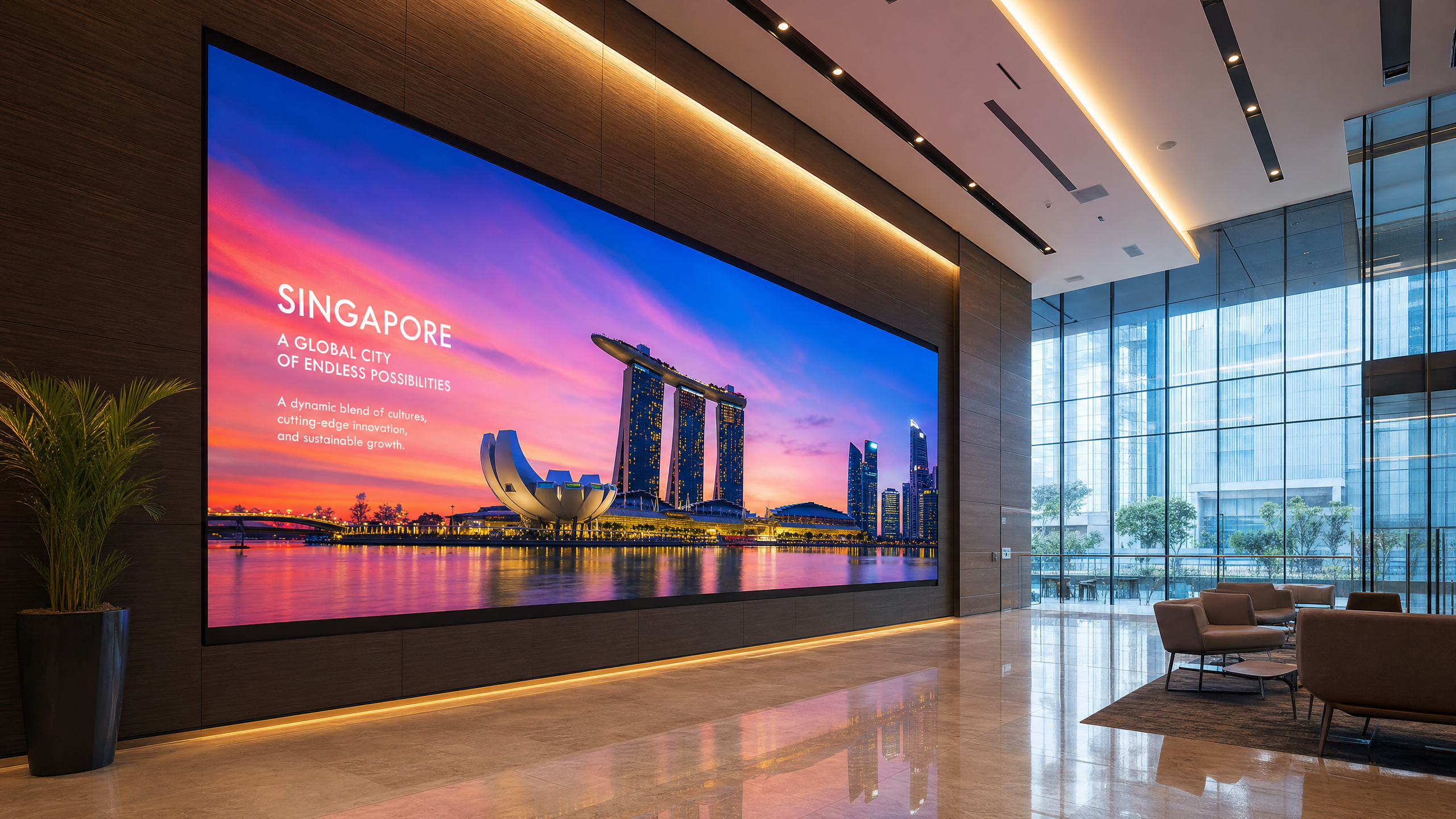 LED video wall installation in a modern Singapore corporate lobby
