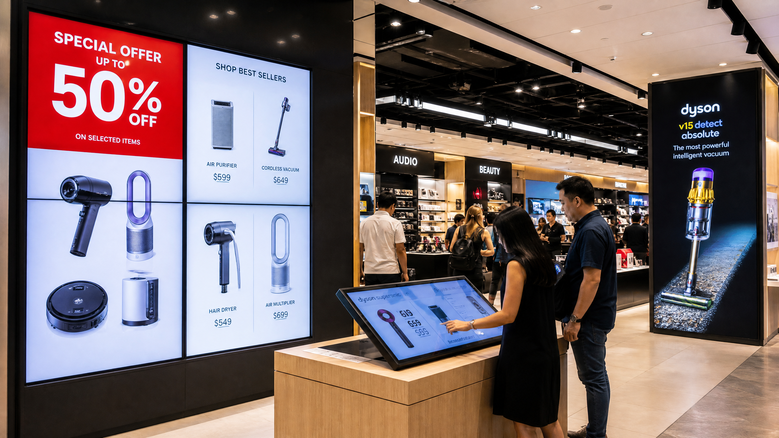 Digital signage display in a Singapore retail store showing product promotions