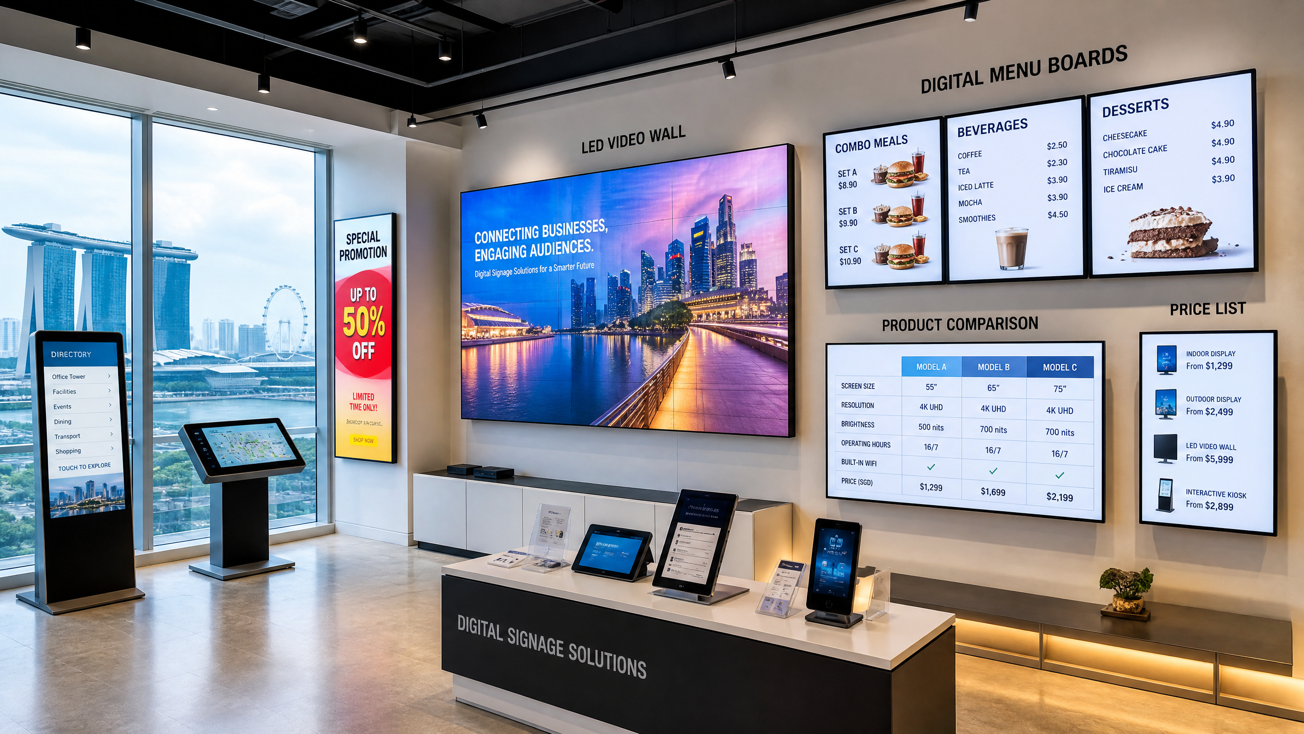 Various digital signage displays in a Singapore showroom for price comparison