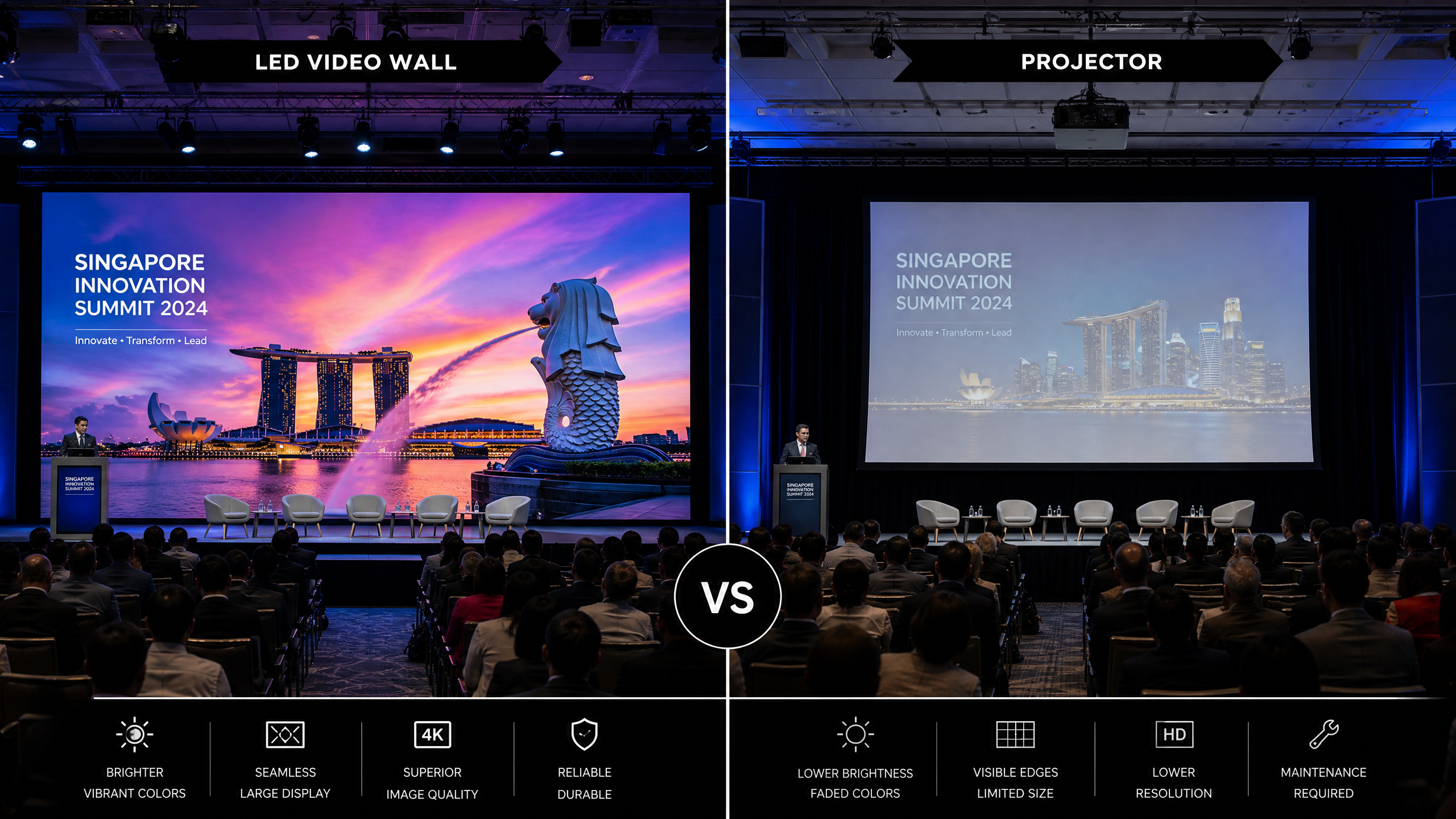Video wall display at a Singapore event venue compared with projector setup