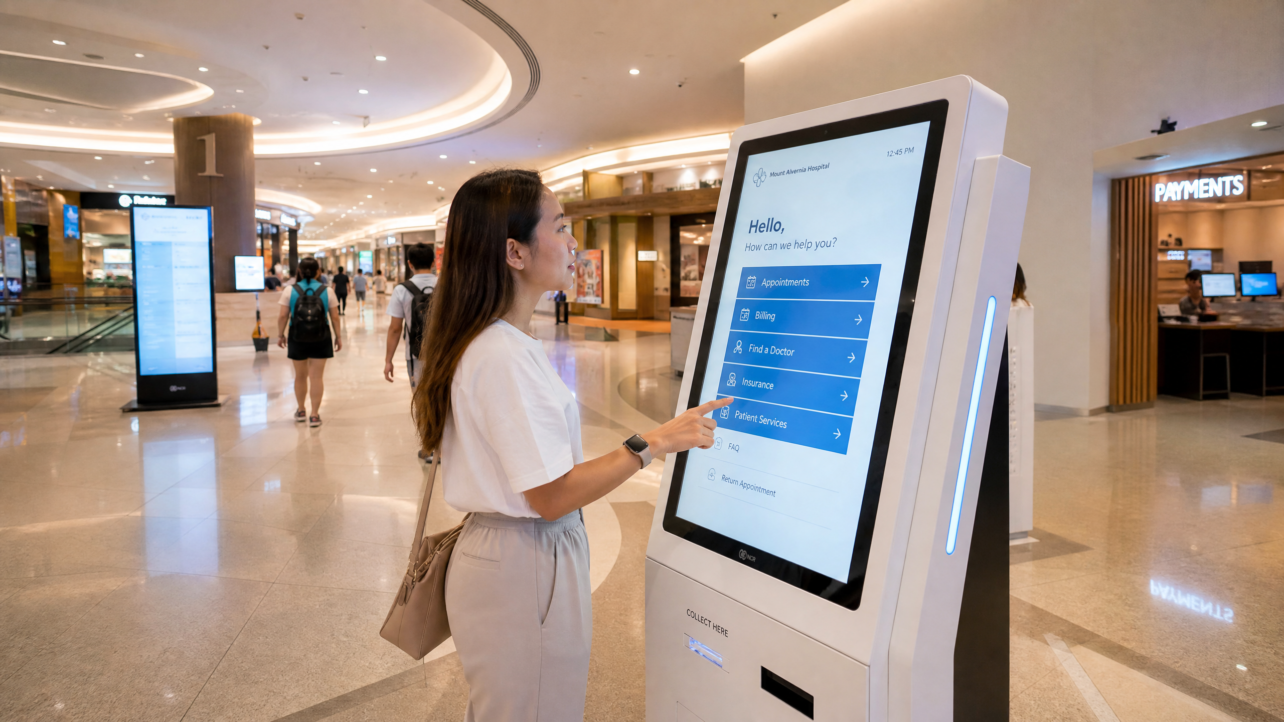Interactive self-service kiosk with touchscreen display in a Singapore shopping mall