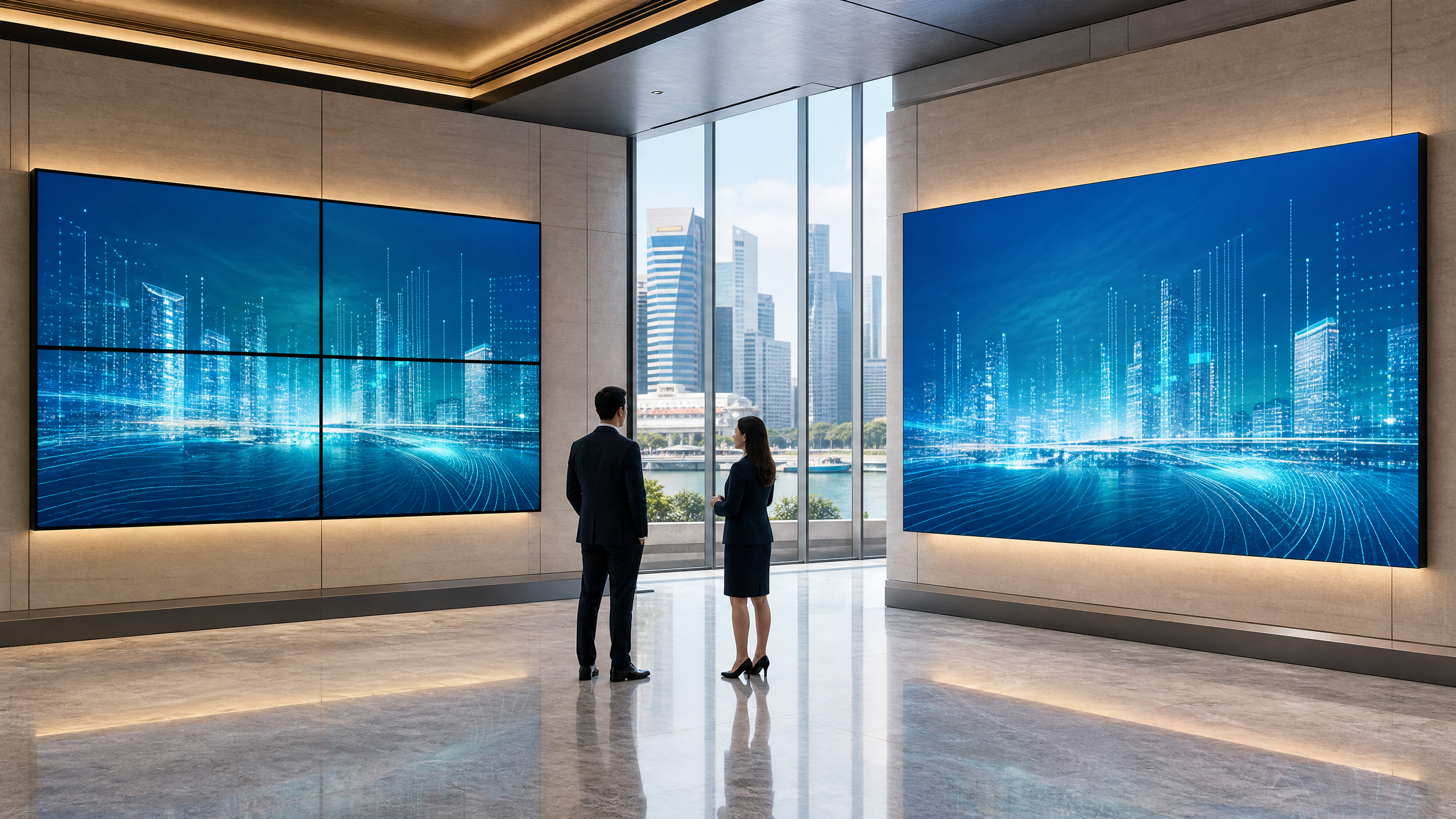 TV video wall vs LED video wall comparison in a Singapore office environment