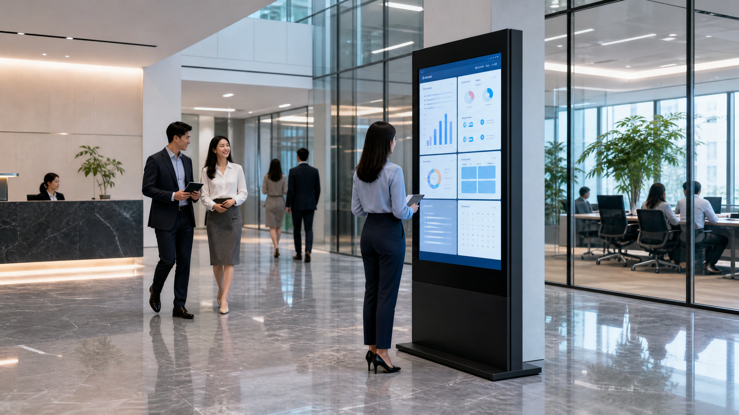 Digital signage display in a Singapore corporate office lobby showing company information